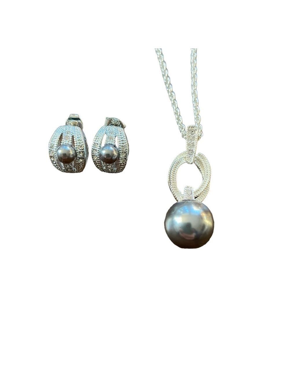 Avon Necklace Earrings Set Silver Tone Faux Black Pearl